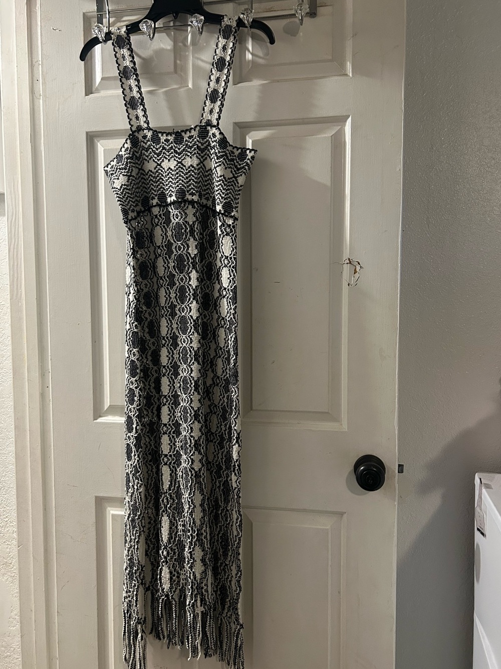 Zara Black and White Lace-Pattern Maxi Dress with Fringe Straps